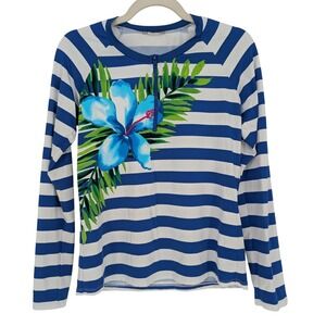 Rash Guard Women Medium Blue White Striped Floral Hibiscus 1/4 Zip Tropical Swim